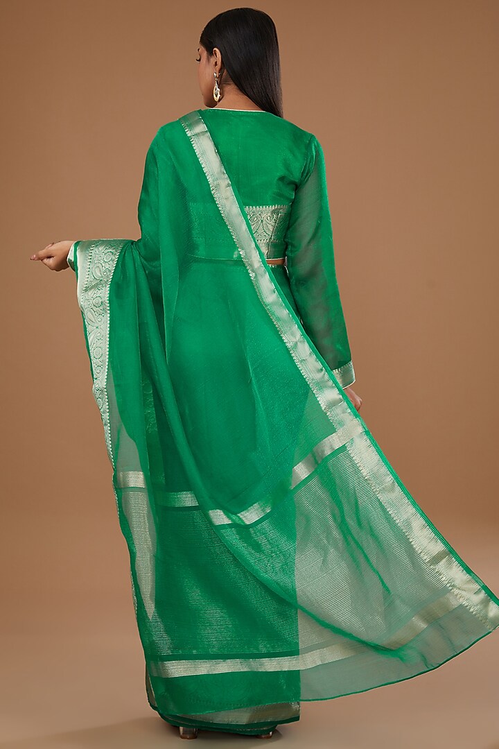 Green Organza Weave Embroidered Festive Saree Set by Roohbab at Pernia's Pop Up Shop