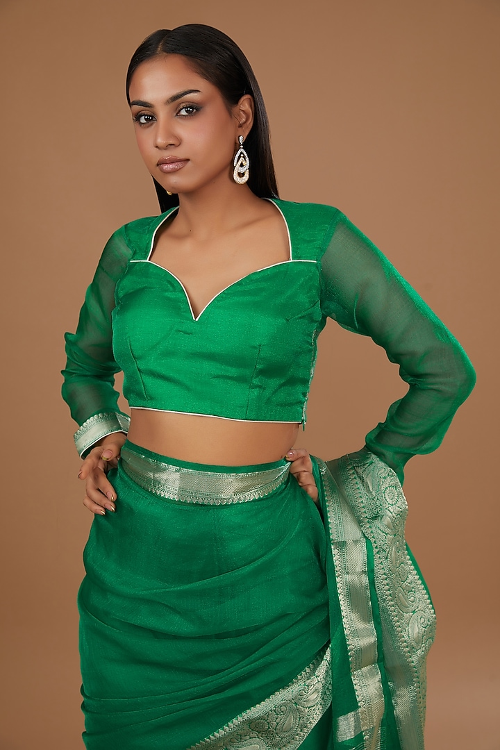 Green Organza Weave Embroidered Festive Saree Set by Roohbab at Pernia's Pop Up Shop
