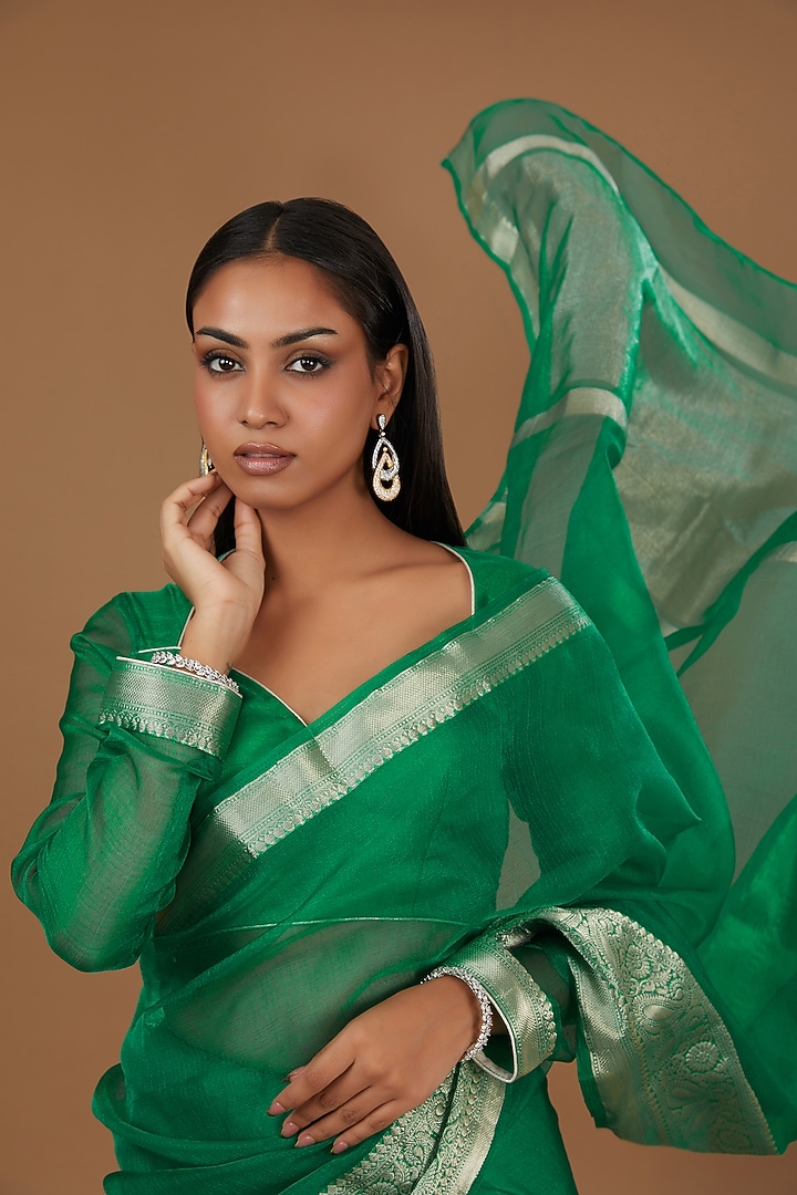 Green Organza Weave Embroidered Festive Saree Set by Roohbab at Pernia's Pop Up Shop