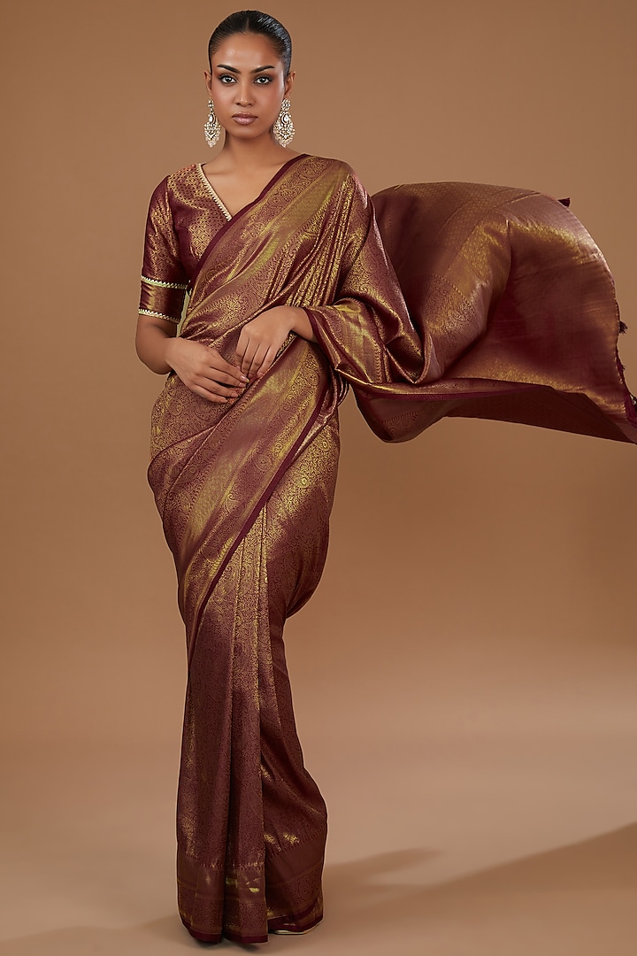 Copper Silk Self Printed & Embroidered Saree Set by Roohbab