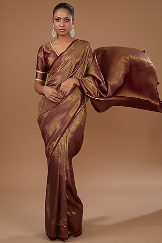 Copper Silk Self Printed & Embroidered Saree Set by Roohbab
