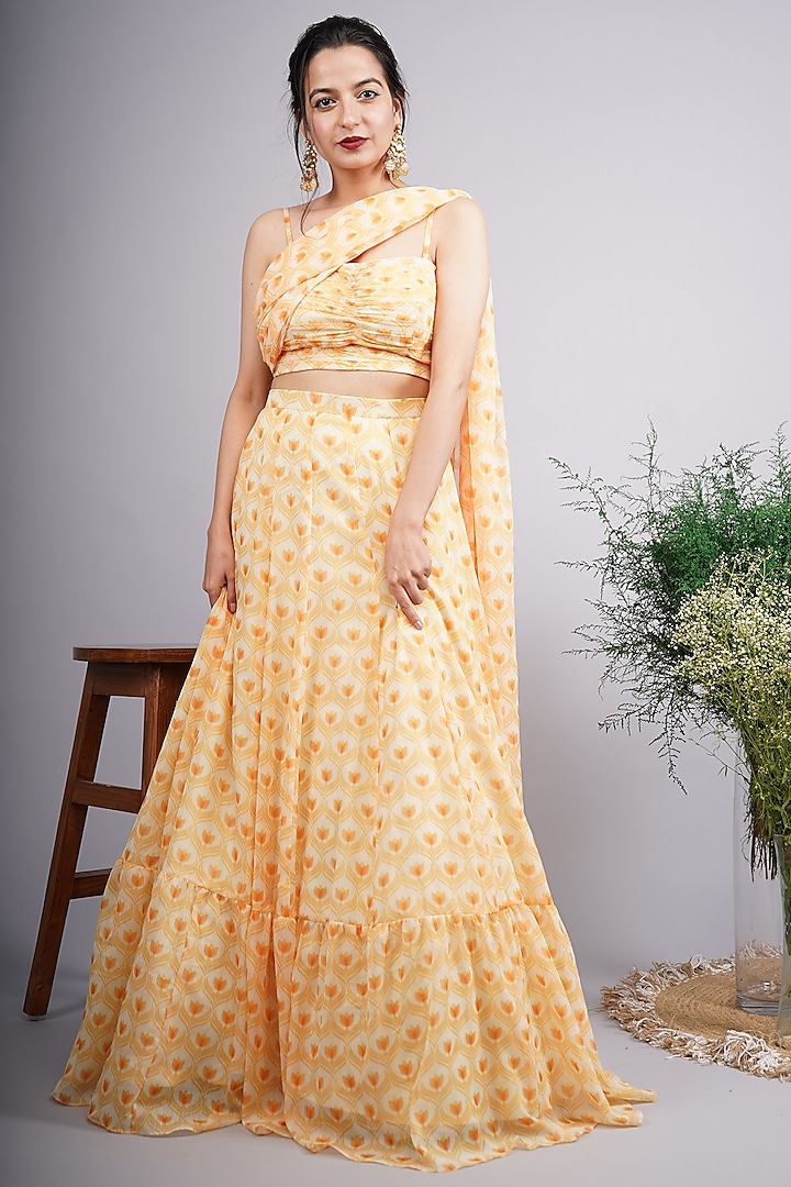 Yellow Printed High Waist Skirt Set by Roohbab