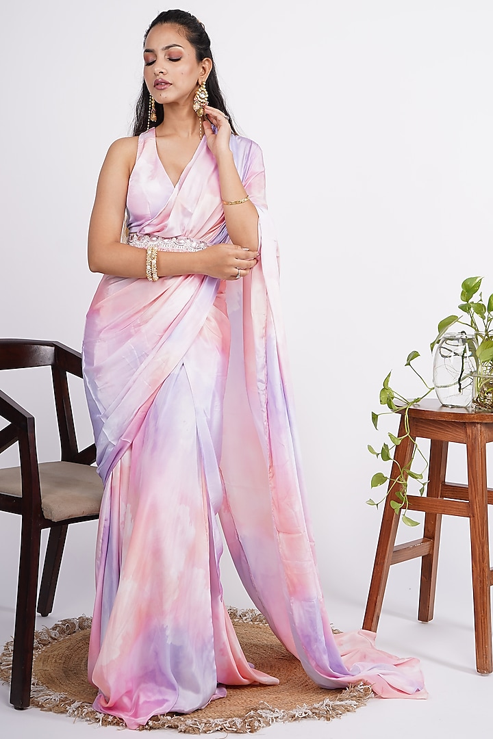 Blush Pink Ombre Chiffon Pre-Stitched Saree by Roohbab