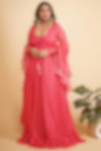 Neon Fuchsia Chiffon Anarkali Set by Roohbab at Pernia's Pop Up Shop