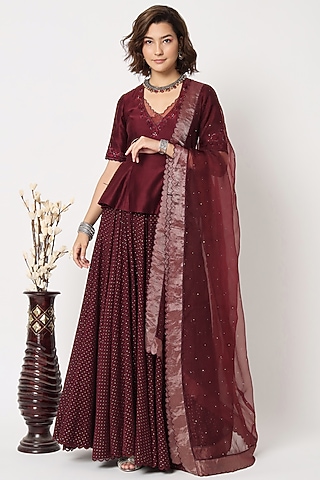 Maroon Cotton Voile Block Printed Skirt Set by Rohini Dezines