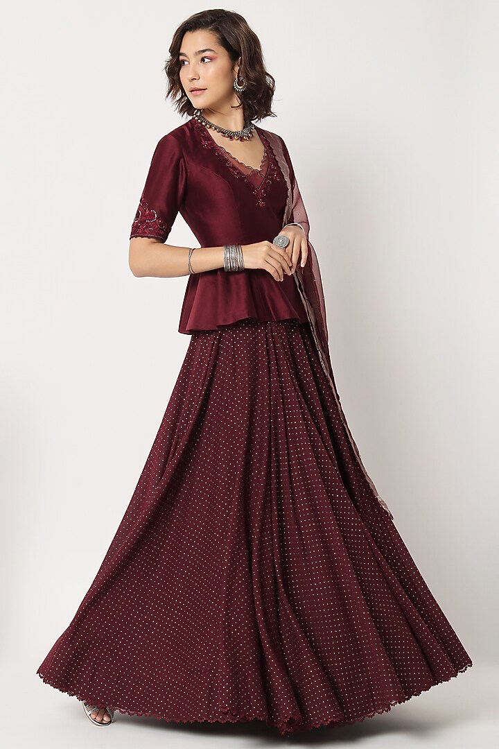 Maroon Cotton Voile Block Printed Skirt Set by Rohini Dezines at Pernia's Pop Up Shop
