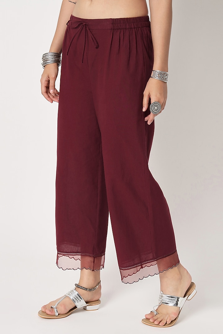 Maroon Silk Cotton Chanderi Hand Embroidered Kurta Set by Rohini Dezines at Pernia's Pop Up Shop