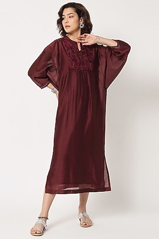 Maroon Silk Cotton Chanderi Hand Embroidered Kaftan Dress by Rohini Dezines