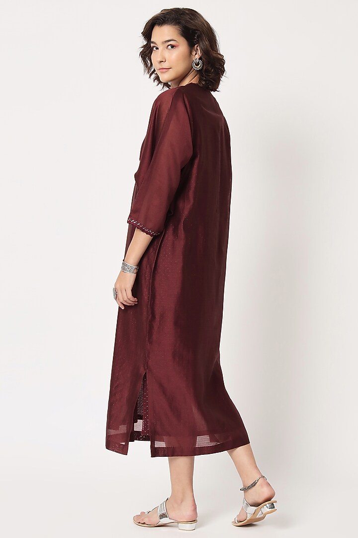 Maroon Silk Cotton Chanderi Hand Embroidered Kaftan Dress by Rohini Dezines at Pernia's Pop Up Shop