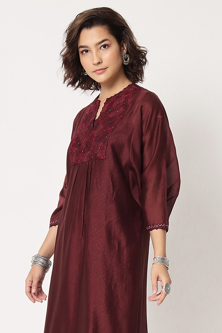 Maroon Silk Cotton Chanderi Hand Embroidered Kaftan Dress by Rohini Dezines at Pernia's Pop Up Shop