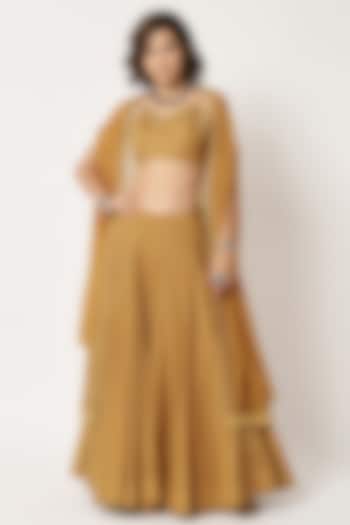 Mustard Cotton Voile Block Printed Skirt Set by Rohini Dezines