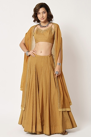 Mustard Cotton Voile Block Printed Skirt Set by Rohini Dezines
