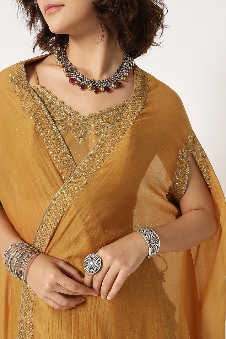 Mustard Cotton Voile Block Printed Skirt Set by Rohini Dezines at Pernia's Pop Up Shop