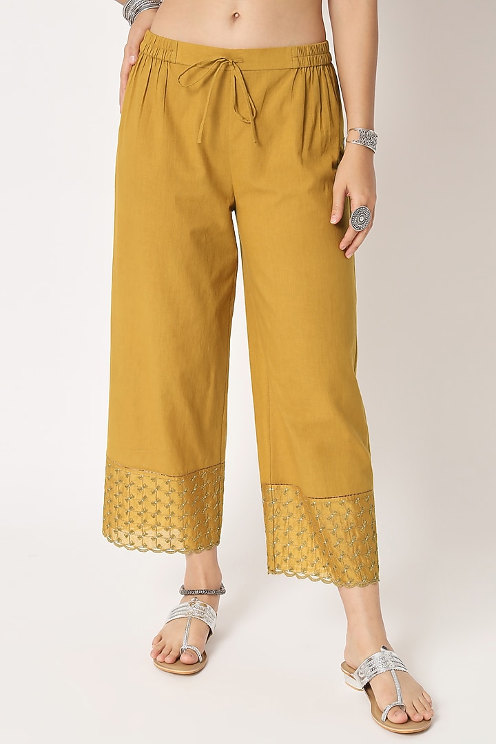 Mustard Silk Cotton Chanderi Hand Embroidered Kurta Set by Rohini Dezines at Pernia's Pop Up Shop