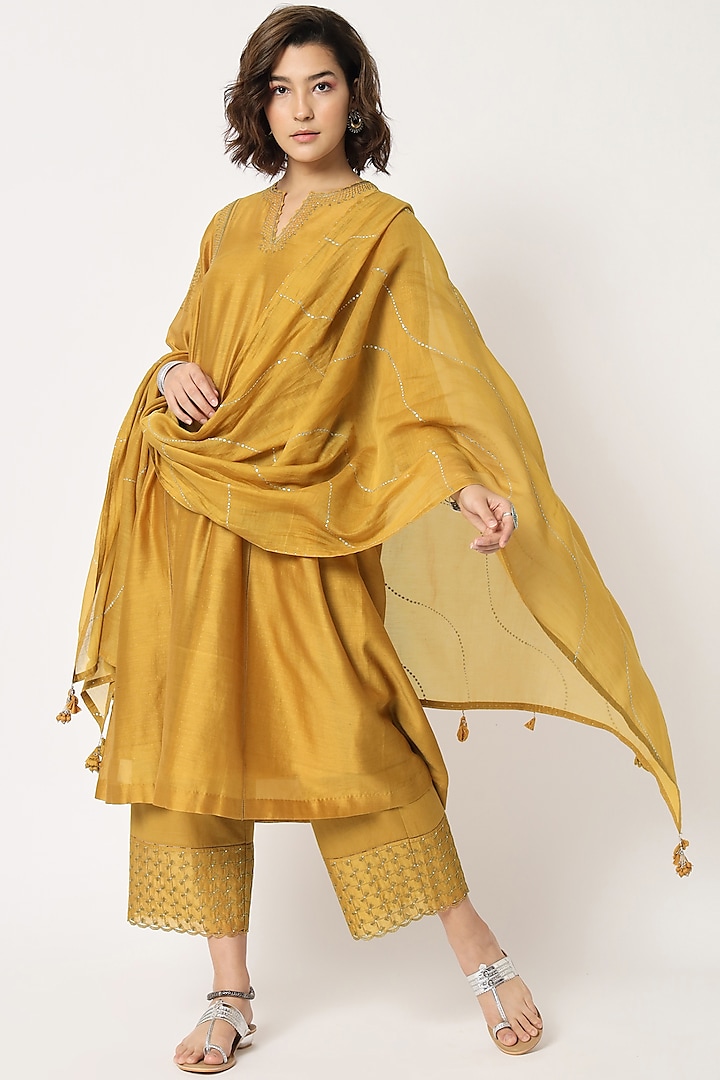 Mustard Silk Cotton Chanderi Hand Embroidered Gathered Kurta Set by Rohini Dezines