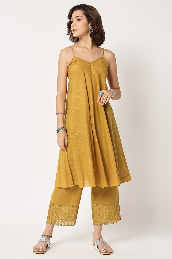 Mustard Silk Cotton Chanderi Hand Embroidered Gathered Kurta Set by Rohini Dezines at Pernia's Pop Up Shop
