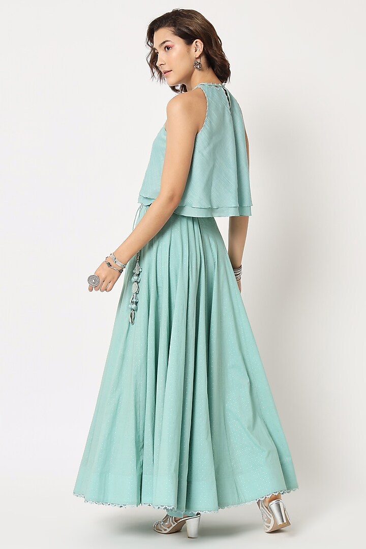 Turquoise Cotton Voile Block Printed Skirt Set by Rohini Dezines at Pernia's Pop Up Shop