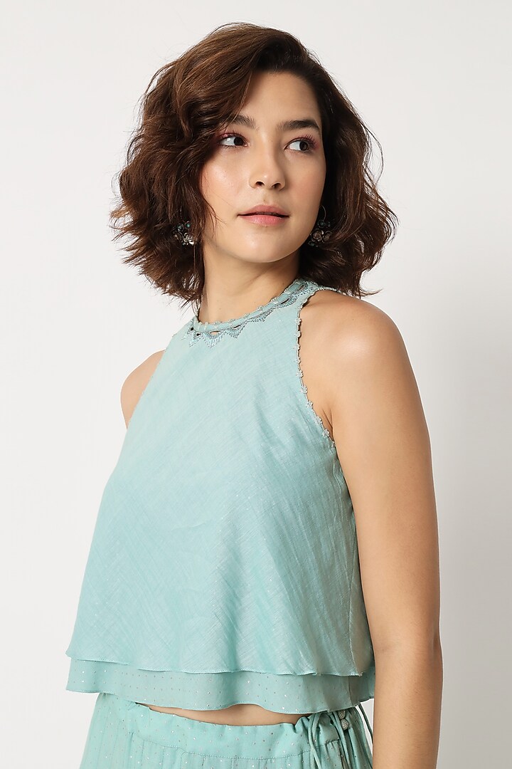 Turquoise Cotton Voile Block Printed Skirt Set by Rohini Dezines at Pernia's Pop Up Shop