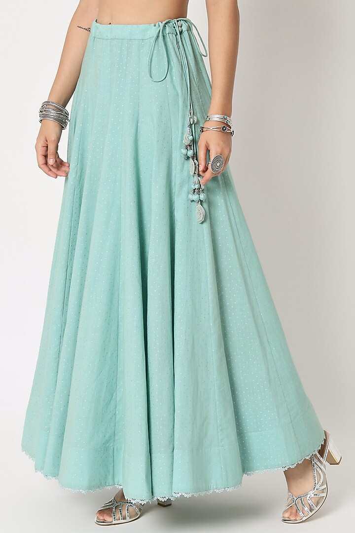 Turquoise Cotton Voile Block Printed Skirt Set by Rohini Dezines at Pernia's Pop Up Shop