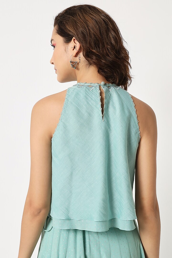 Turquoise Cotton Voile Block Printed Skirt Set by Rohini Dezines at Pernia's Pop Up Shop