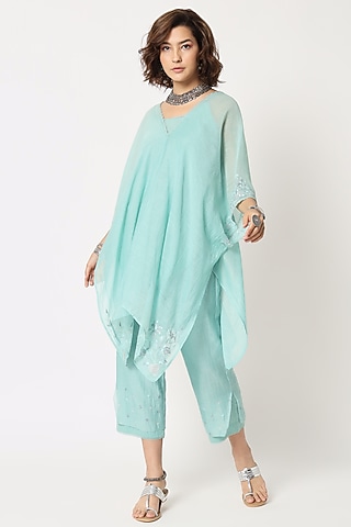 Turquoise Silk Cotton Chanderi Hand Embroidered Kaftan Set by Rohini Dezines