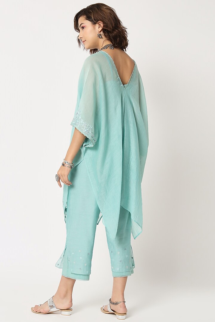 Turquoise Silk Cotton Chanderi Hand Embroidered Kaftan Set by Rohini Dezines at Pernia's Pop Up Shop
