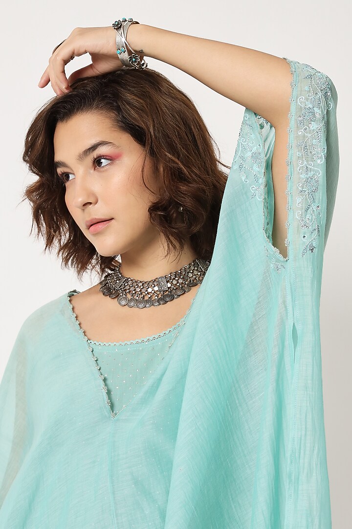 Turquoise Silk Cotton Chanderi Hand Embroidered Kaftan Set by Rohini Dezines at Pernia's Pop Up Shop