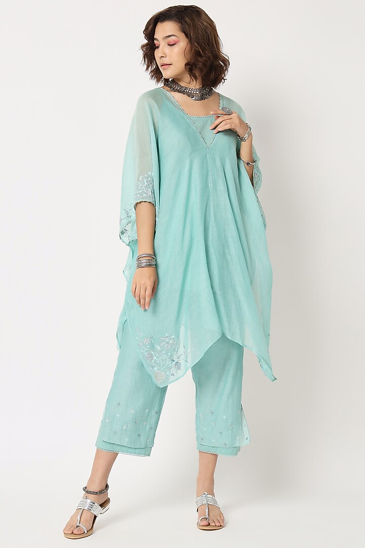 Turquoise Silk Cotton Chanderi Hand Embroidered Kaftan Set by Rohini Dezines at Pernia's Pop Up Shop
