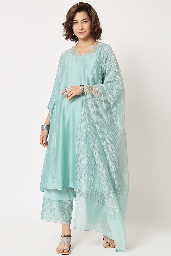 Turquoise Silk Cotton Chanderi Hand Embroidered Kurta Set by Rohini Dezines