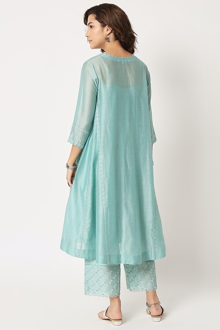 Turquoise Silk Cotton Chanderi Hand Embroidered Kurta Set by Rohini Dezines at Pernia's Pop Up Shop