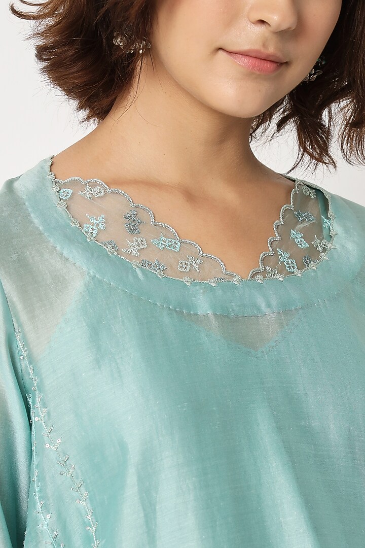Turquoise Silk Cotton Chanderi Hand Embroidered Kurta Set by Rohini Dezines at Pernia's Pop Up Shop