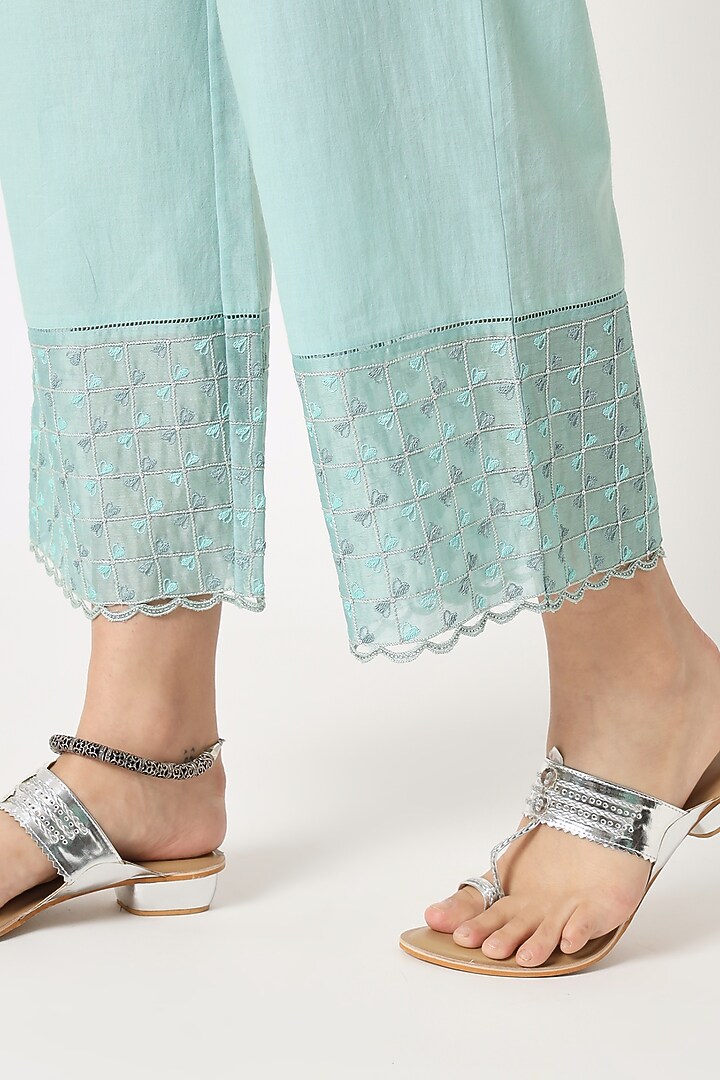 Turquoise Silk Cotton Chanderi Hand Embroidered Kurta Set by Rohini Dezines at Pernia's Pop Up Shop