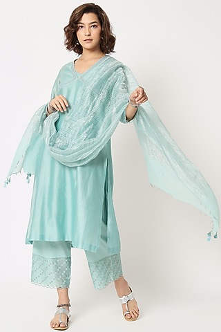 Turquoise Silk Cotton Chanderi Hand Embroidered Kurta Set by Rohini Dezines