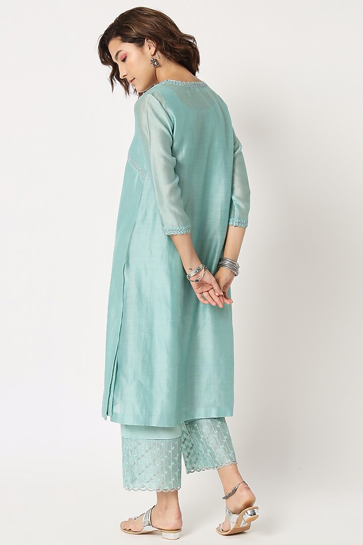 Turquoise Silk Cotton Chanderi Hand Embroidered Kurta Set by Rohini Dezines at Pernia's Pop Up Shop