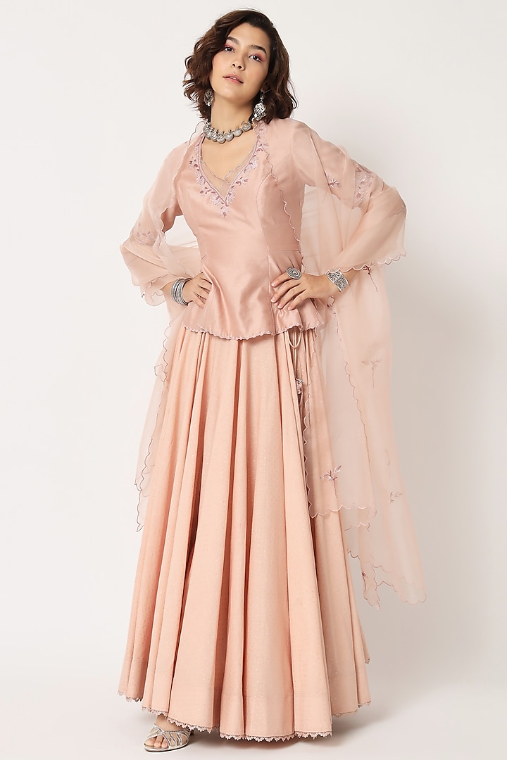 Blush Pink Cotton Voile Block Printed Skirt Set by Rohini Dezines