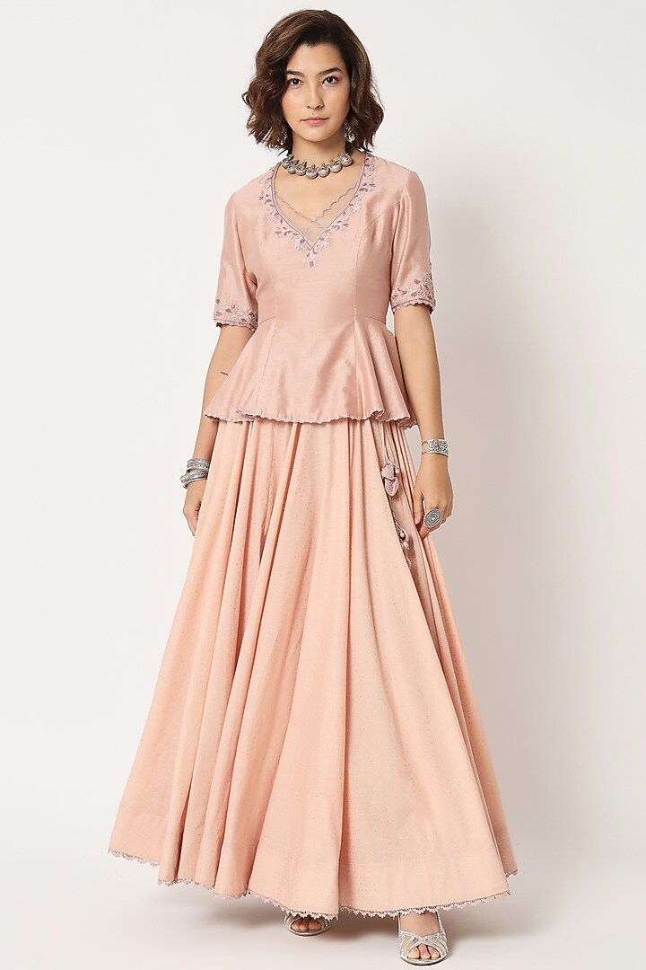 Blush Pink Cotton Voile Block Printed Skirt Set by Rohini Dezines at Pernia's Pop Up Shop