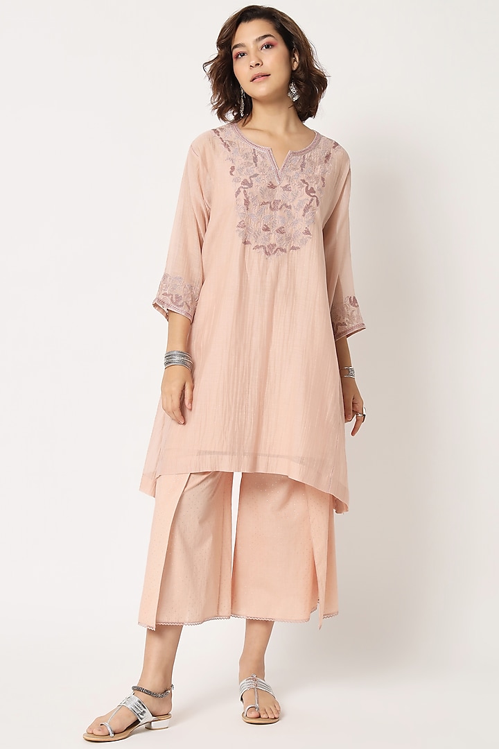 Blush Pink Silk Cotton Chanderi Beaded Tunic Set by Rohini Dezines