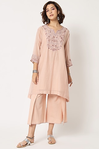 Blush Pink Silk Cotton Chanderi Beaded Tunic Set by Rohini Dezines