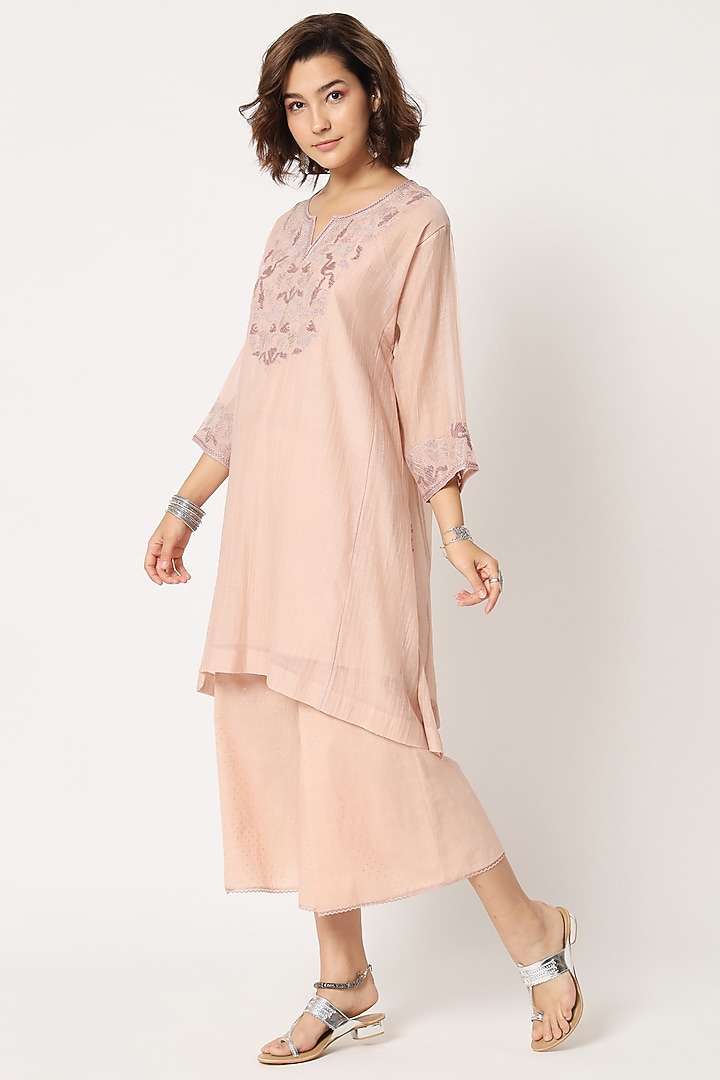 Blush Pink Silk Cotton Chanderi Beaded Tunic Set by Rohini Dezines at Pernia's Pop Up Shop