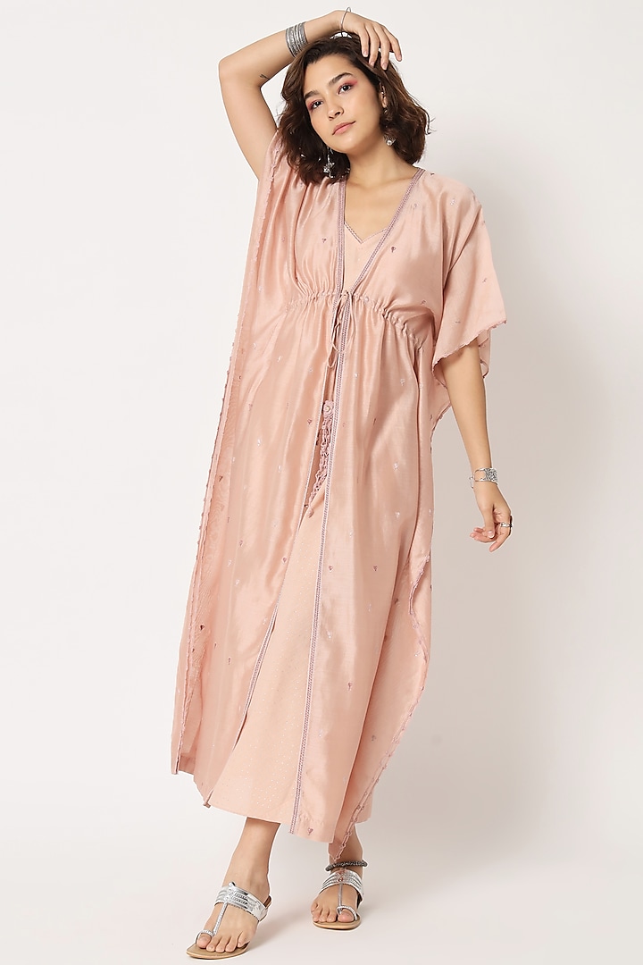Blush Pink Silk Cotton Chanderi Hand Embroidered Front-Open Kaftan by Rohini Dezines