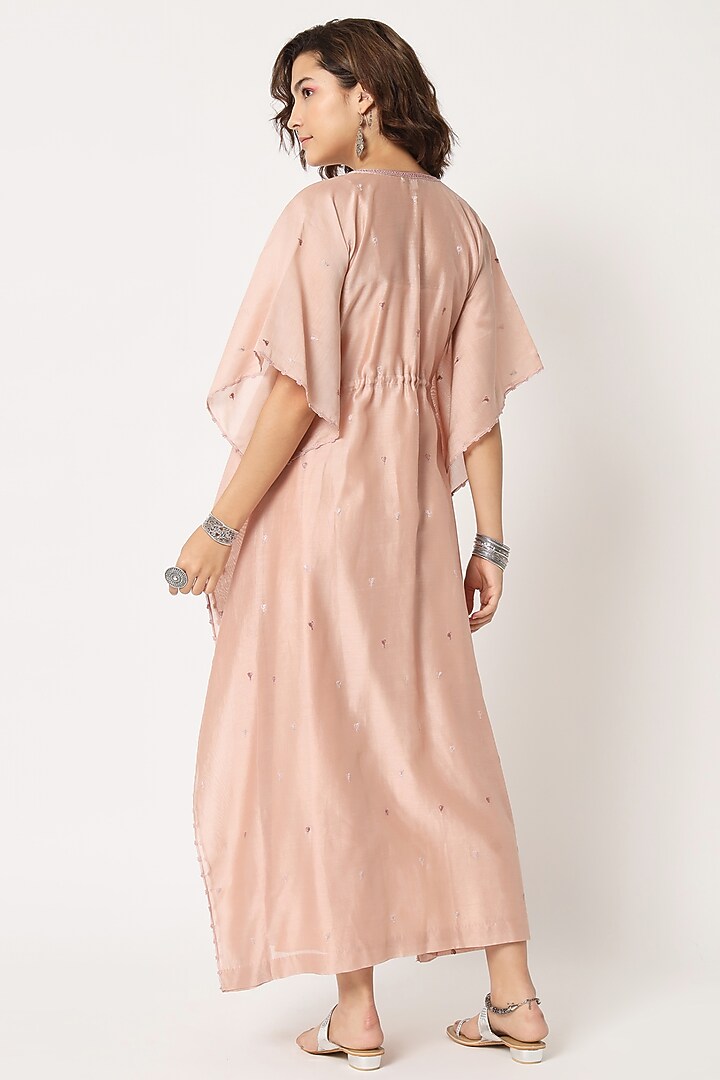 Blush Pink Silk Cotton Chanderi Hand Embroidered Front-Open Kaftan by Rohini Dezines at Pernia's Pop Up Shop