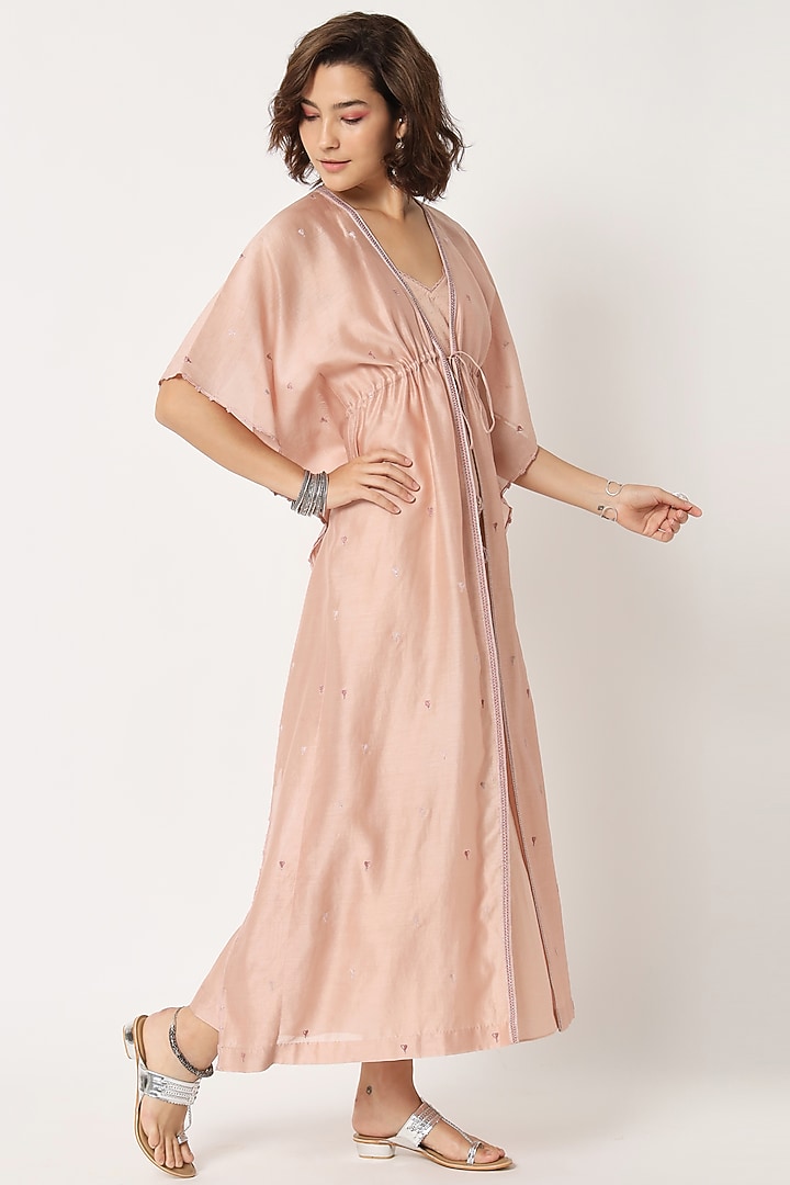 Blush Pink Silk Cotton Chanderi Hand Embroidered Front-Open Kaftan by Rohini Dezines at Pernia's Pop Up Shop
