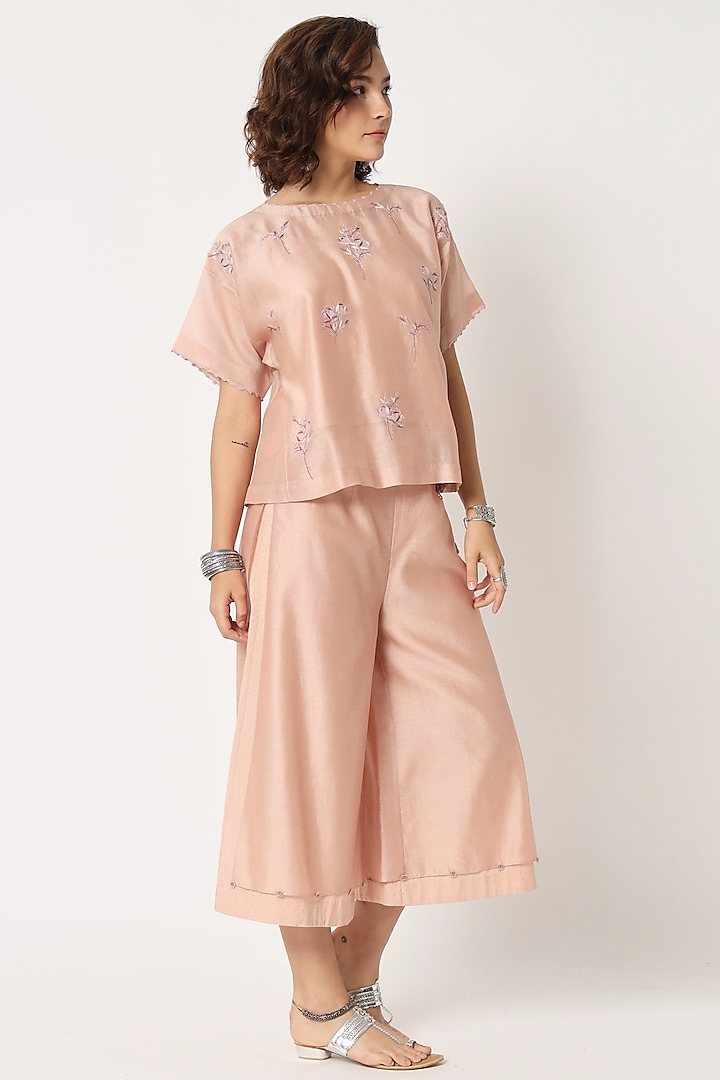 Blush Pink Silk Cotton Chanderi Hand Embroidered Co-Ord Set by Rohini Dezines