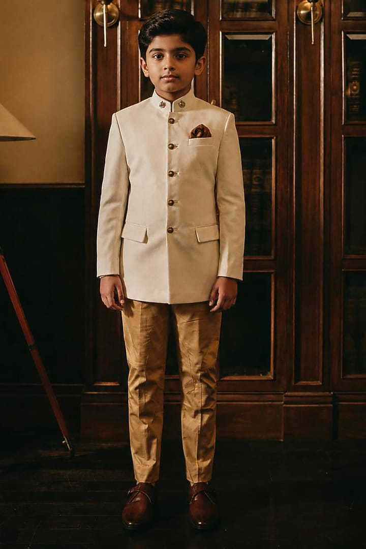 Ivory Velvet Bandhgala For Boys by Rohit Kamra Jaipur Kids at Pernia's Pop Up Shop