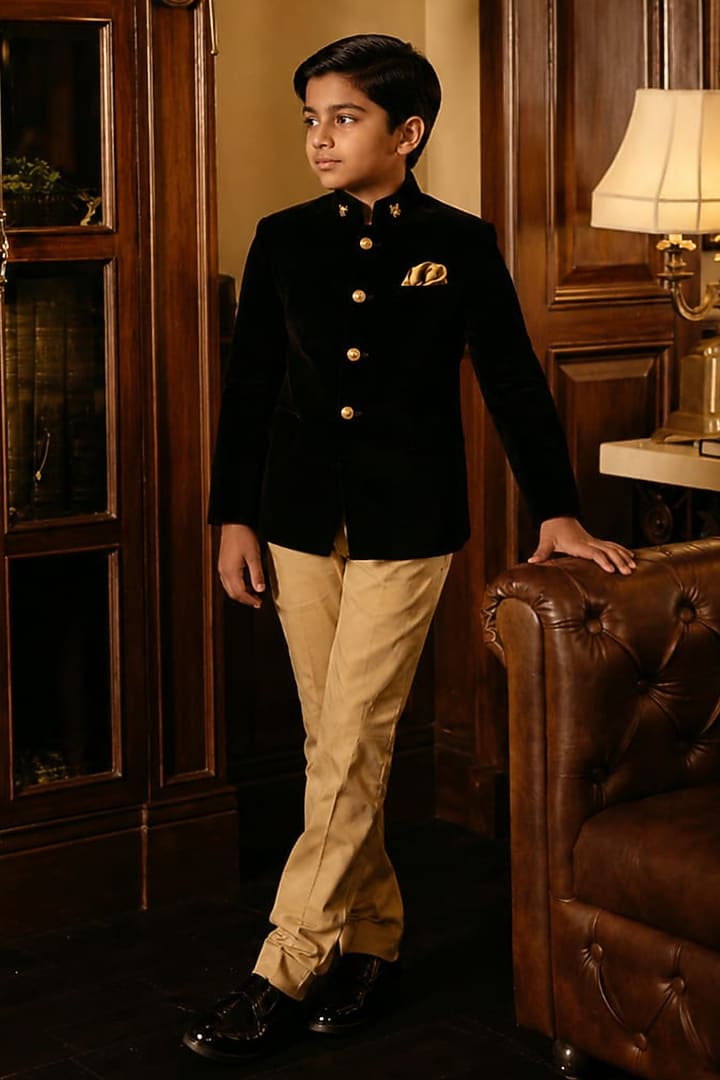 Black Velvet Bandhgala For Boys by Rohit Kamra Jaipur Kids at Pernia's Pop Up Shop