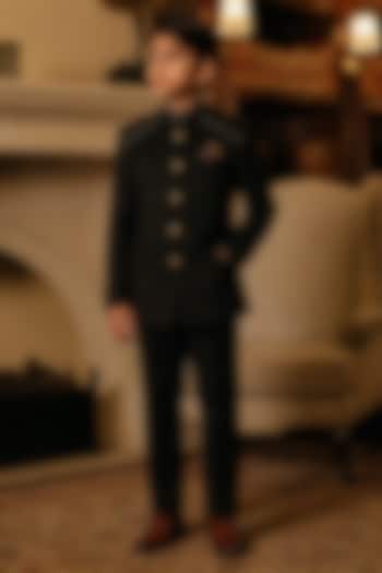 Black Suede Bandhgala For Boys by Rohit Kamra Jaipur Kids at Pernia's Pop Up Shop