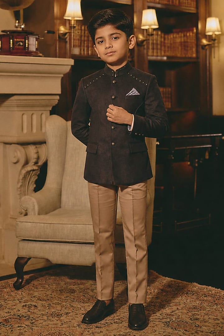 Midnight Blue Suede Bandhgala For Boys by Rohit Kamra Jaipur Kids at Pernia's Pop Up Shop