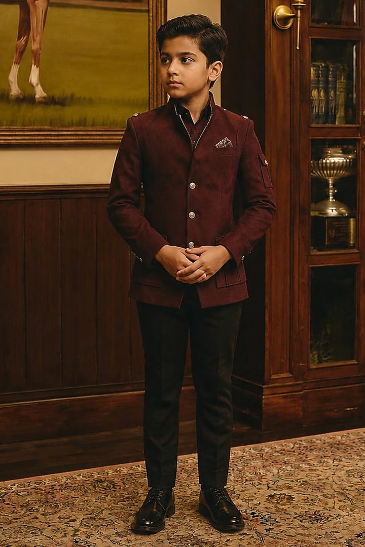 Wine Suede Bandhgala For Boys by Rohit Kamra Jaipur Kids at Pernia's Pop Up Shop