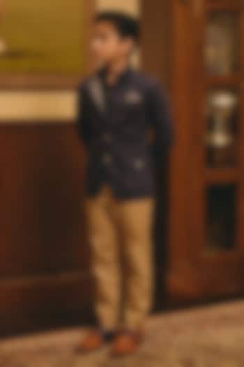 Blue Suede Bandhgala For Boys by Rohit Kamra Jaipur Kids at Pernia's Pop Up Shop