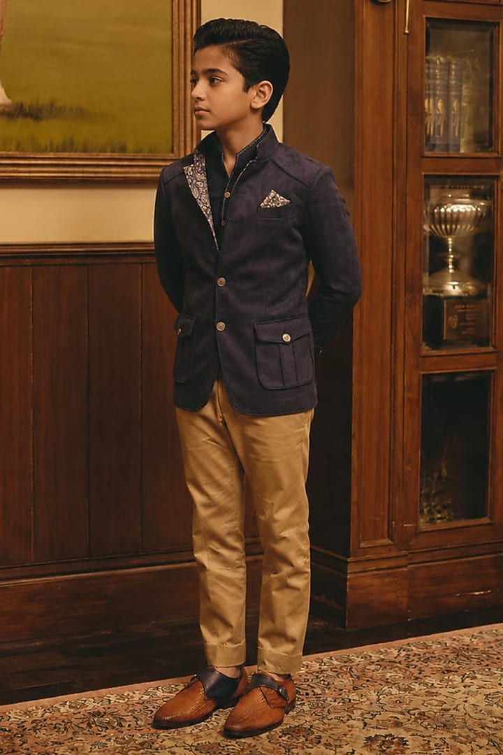 Blue Suede Bandhgala For Boys by Rohit Kamra Jaipur Kids at Pernia's Pop Up Shop